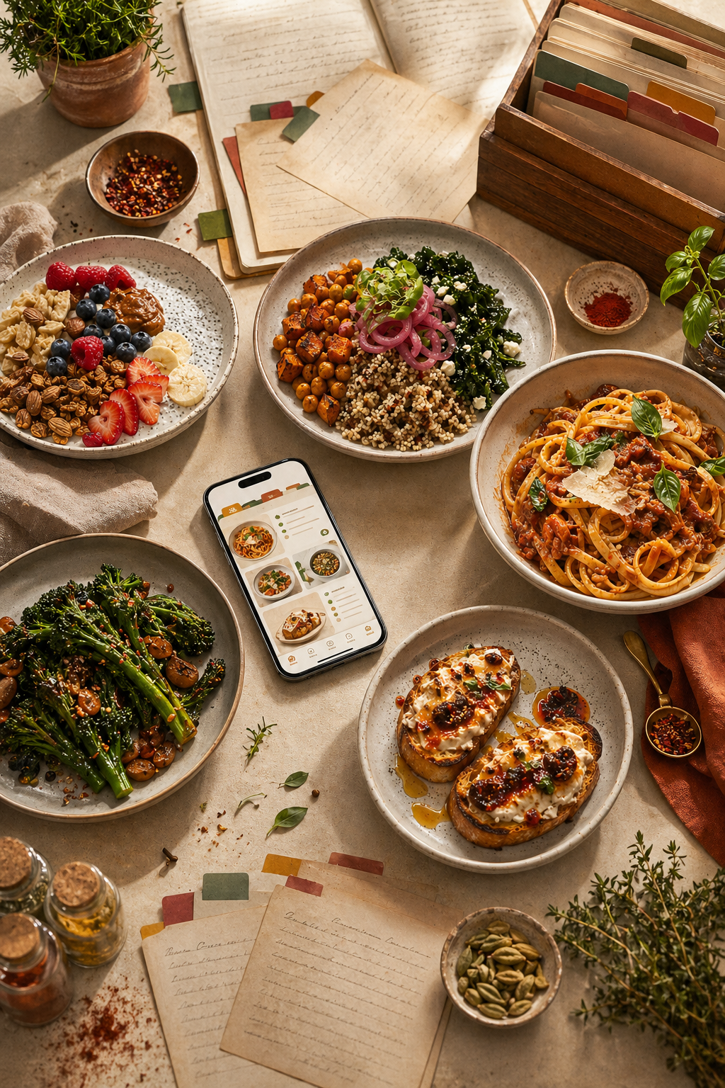 A spread of chef-made dishes — grain bowls, broccolini, bruschetta, and pasta — arranged with cookbook pages and recipe cards